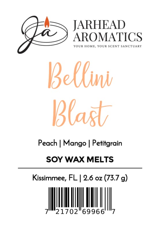 Sure! Here’s the revised sentence using your product data: Label for Jarhead Aromatics Bellini Blast Soy Wax Melt, featuring a blend of tangerine, peach, and tropical mango fragrances. Includes product weight (2.6 oz/73.7 g), location (Kissimmee, FL), barcode, and the Jarhead Aromatics brand logo at the top.