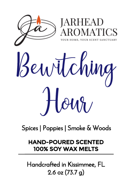 Label for Jarhead Aromatics Bewitching Hour Soy Wax Melt | Exotic Spices, Dark Florals & Smoky Woods—handcrafted in Kissimmee, FL. Immerse yourself in a mystical fragrance featuring an enchanting blend of exotic spices, dark florals, smoky woods, and subtle poppy notes for a truly bewitching experience. Enjoy long-lasting aroma with every melt. Includes product details and scent notes.