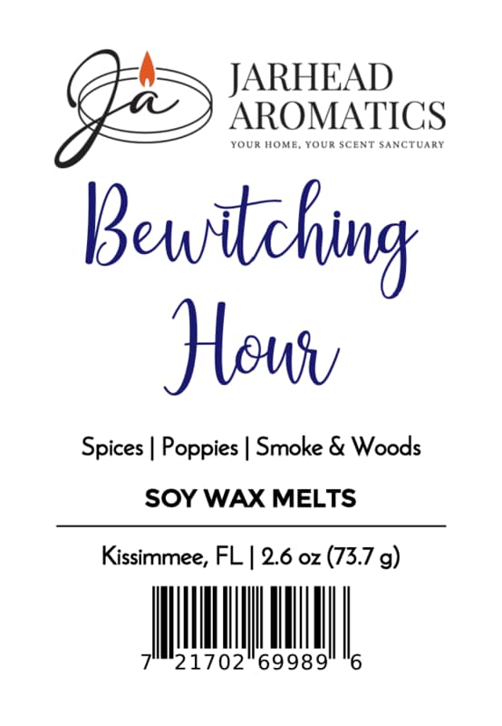 Label for Jarhead Aromatics Bewitching Hour Soy Wax Melt | Exotic Spices, Dark Florals & Smoky Woods. Experience a mystical wax melt with captivating notes of exotic spices, dark florals, smoky undertones, and rich woods. Enjoy an alluring, long-lasting fragrance. Weight: [insert product weight]. Made in Kissimmee, FL. Barcode located at bottom of label.