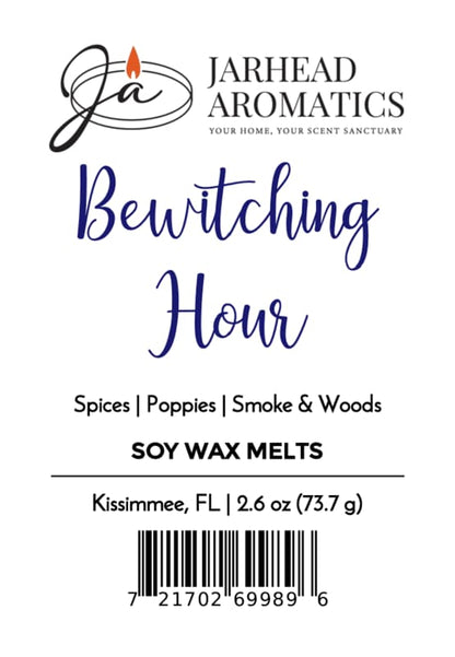 Label for Jarhead Aromatics Bewitching Hour Soy Wax Melt | Exotic Spices, Dark Florals & Smoky Woods. Experience a mystical wax melt with captivating notes of exotic spices, dark florals, smoky undertones, and rich woods. Enjoy an alluring, long-lasting fragrance. Weight: [insert product weight]. Made in Kissimmee, FL. Barcode located at bottom of label.