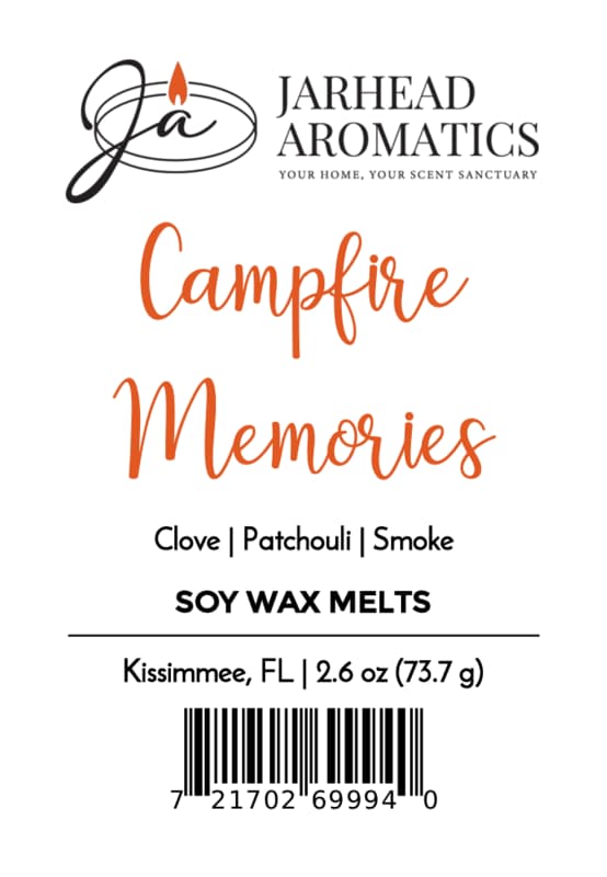 Label for Jarhead Aromatics Campfire Memories Soy Wax Melt—Maple, Clove & Smoky Embers. Experience a rich campfire aroma with notes of maple, clove, and smoky embers in every long-lasting 2.6 oz melt, proudly made in Kissimmee, FL. Barcode located at the bottom.