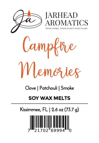 Label for Jarhead Aromatics Campfire Memories Soy Wax Melt—Maple, Clove & Smoky Embers. Experience a rich campfire aroma with notes of maple, clove, and smoky embers in every long-lasting 2.6 oz melt, proudly made in Kissimmee, FL. Barcode located at the bottom.