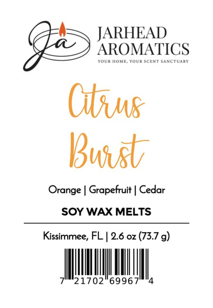 Label for Jarhead Aromatics Citrus Burst Soy Wax Melt, featuring a vibrant blend of orange, mango, peach, and grapefruit scents. This home fragrance label displays the Jarhead Aromatics logo, detailed scent description, weight information, location details, and a barcode positioned at the bottom.