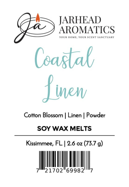 Jarhead Aromatics Coastal Linen Soy Wax Melt | Fresh Linen, Ozone & Sandalwood—featuring a refreshing coastal fragrance with scent notes of fresh linen, ozone, and sandalwood. Product label includes barcode and details from Kissimmee, FL. Net weight: 2.6 oz (73.7 g).