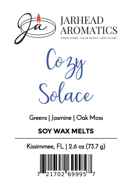 Jarhead Aromatics Cozy Solace Soy Wax Melt | Fresh Greens, Jasmine & Oak Moss Experience a nature-inspired fragrance blend of fresh greens, jasmine, and oak moss in every long-lasting soy wax melt. Net Weight: [Insert weight here] Hand-poured in Kissimmee, FL [Barcode at bottom].