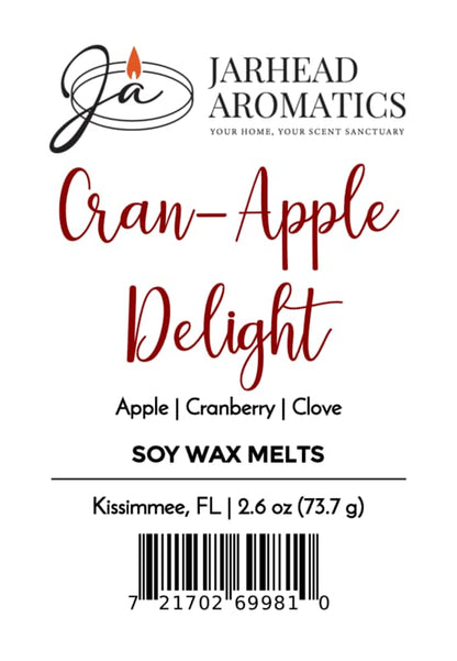 Label for Jarhead Aromatics Cran-Apple Delight Soy Wax Melt | Cranberry, Apple & Warm Cinnamon. Savor this highly fragrant soy wax melt, handcrafted in Kissimmee, FL. Barcode at the bottom.