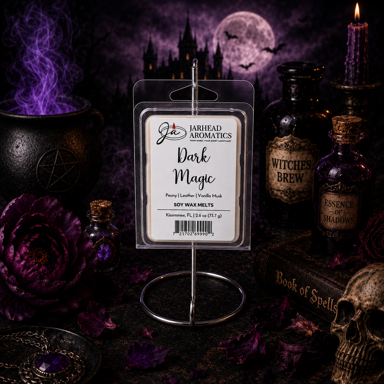 A package of Jarhead Aromatics’ Dark Magic Soy Wax Melt | Peach, Plum, Dark Florals & Vanilla Musk sits atop a metal holder, encircled by gothic accents: bottles labeled as potions, an ancient spell book, velvety purple blossoms, and a cauldron. Against the dramatic backdrop of a towering castle beneath a luminous full moon, the scene sets the stage for these premium soy wax melts to release their enchanting fragrance blend.