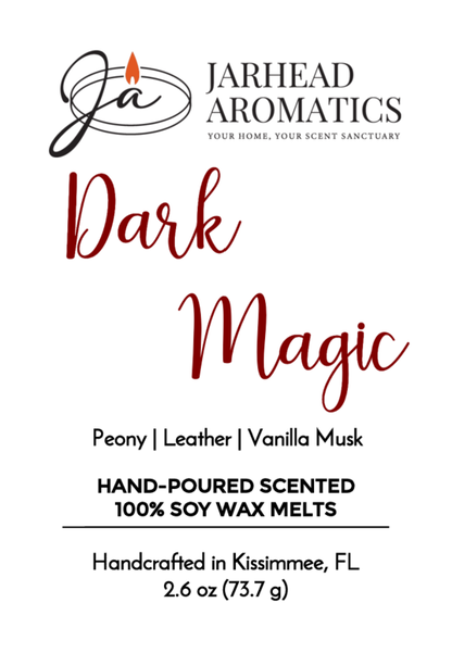 Product label for Jarhead Aromatics Dark Magic Soy Wax Melt, featuring notes of peach, plum, dark florals, and vanilla musk. Handcrafted in Kissimmee, FL with premium soy wax for long-lasting scented wax melts. Bold and script fonts highlight the product name.