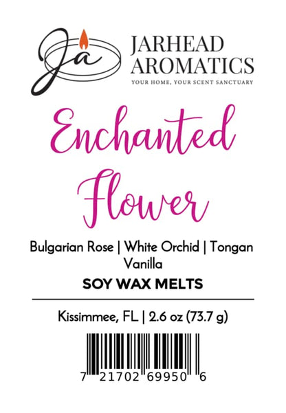 Label for Jarhead Aromatics Enchanted Flower Soy Wax Melt | Bulgarian Rose, White Orchid & Vanilla, featuring a captivating floral fragrance with notes of Bulgarian rose, white orchid, and vanilla. Net weight: 2.6 oz (73.7 g). Barcode located at the bottom.
