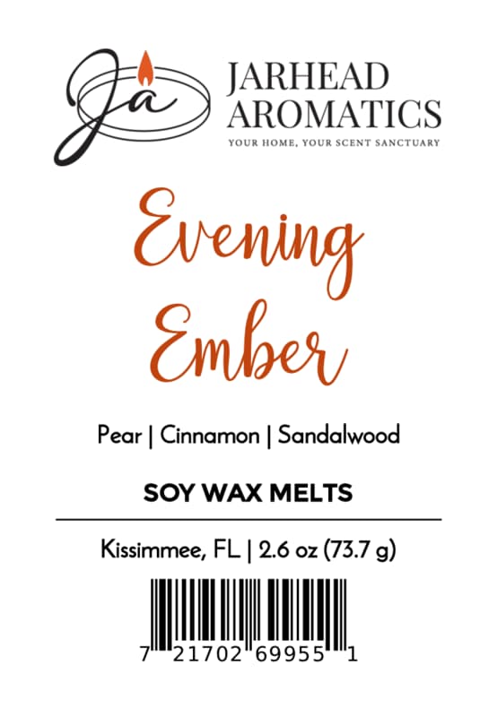 Jarhead Aromatics Evening Ember Soy Wax Melt label, featuring notes of plum, sandalwood, and soft smoke. Includes location (Kissimmee, FL), weight (2.6 oz), and a barcode at the bottom.