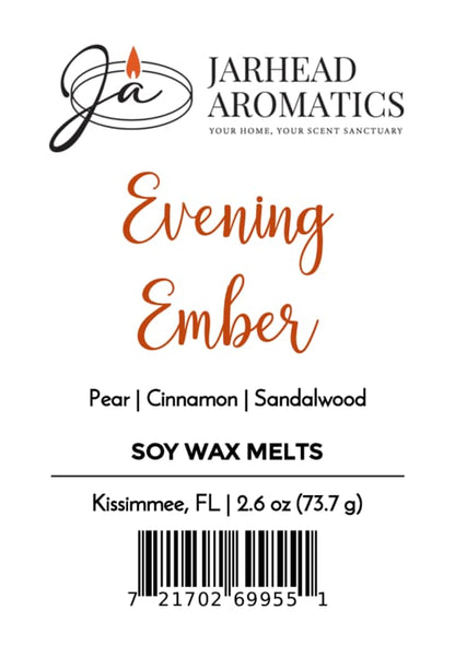 Jarhead Aromatics Evening Ember Soy Wax Melt label, featuring notes of plum, sandalwood, and soft smoke. Includes location (Kissimmee, FL), weight (2.6 oz), and a barcode at the bottom.