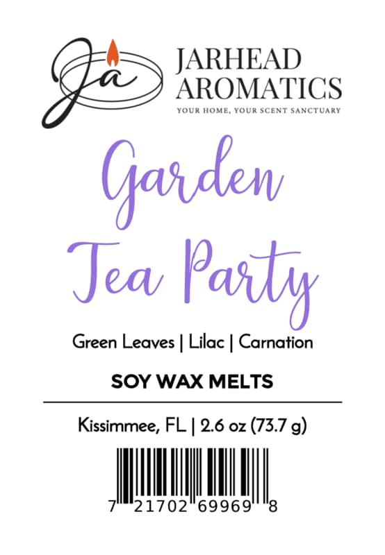Jarhead Aromatics Garden Tea Party Soy Wax Melt | Rose, Lilac & Jasmine—featuring a floral fragrance with scent notes of green leaves, lilac, and carnation. Product label includes weight, location, and decorative text in purple and black.
