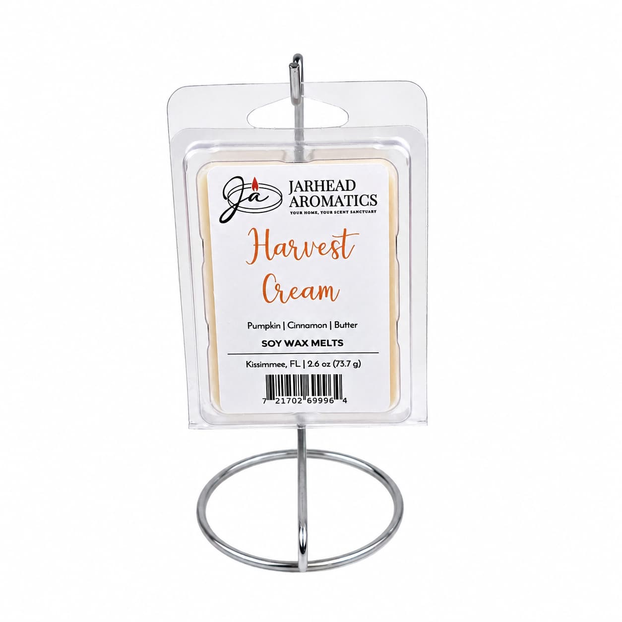 A pack of Jarhead Aromatics Harvest Cream Soy Wax Melts in the Pumpkin Spice, Brown Sugar & Vanilla Cream scent is displayed on a silver metal stand against a white background.