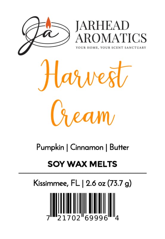 Label for Jarhead Aromatics Harvest Cream Soy Wax Melt | Pumpkin Spice, Brown Sugar & Vanilla Cream, featuring a long-lasting fragrance blend of pumpkin spice, brown sugar, and vanilla cream. Includes weight (2.6 oz), location (Kissimmee, FL), barcode, and decorative black and orange text—perfect for creating a warm and cozy pumpkin spice wax melt experience.