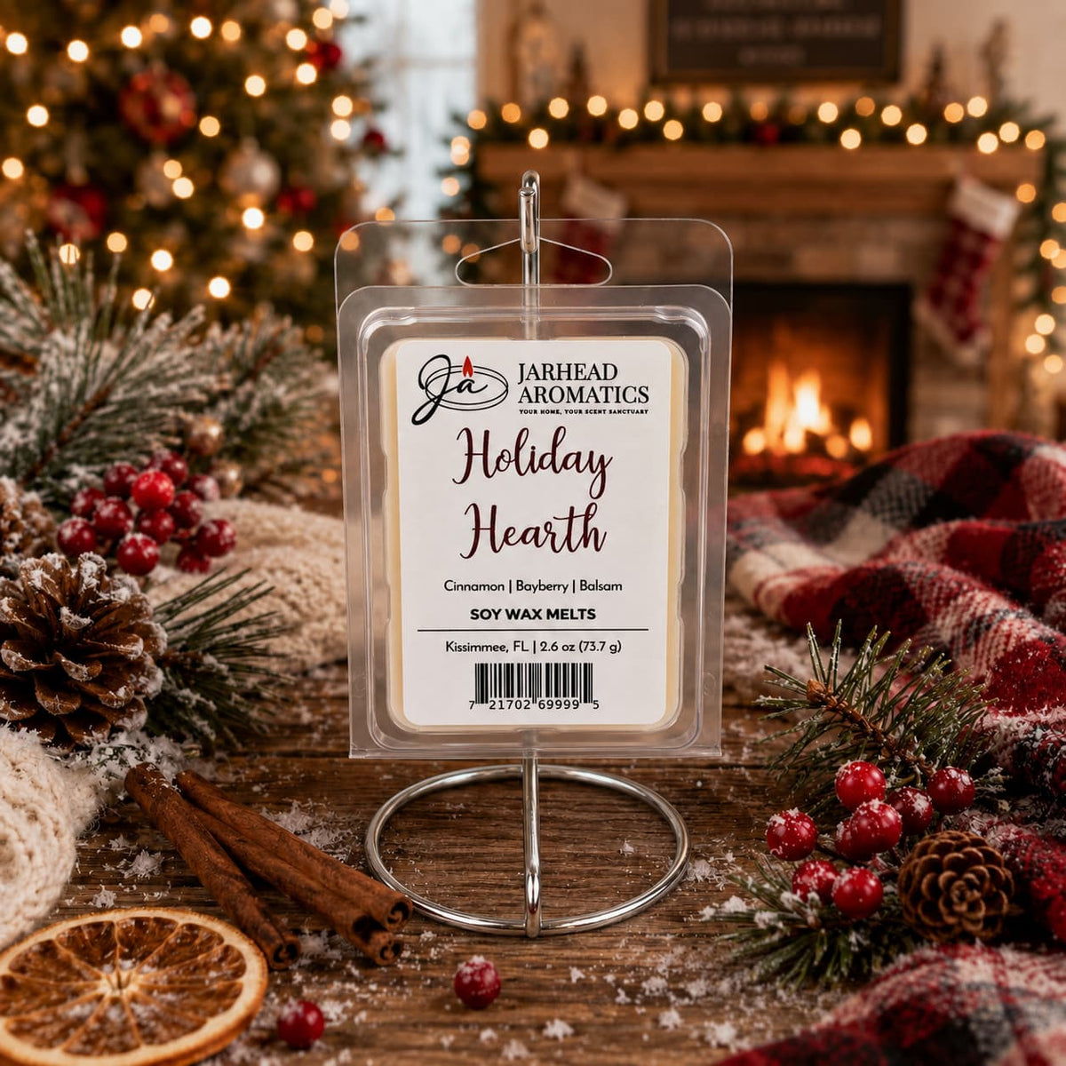 A Jarhead Aromatics Holiday Hearth Soy Wax Melt in plastic packaging sits on a metal stand atop a wooden table, surrounded by cinnamon sticks, dried orange slices, and holly berries before a blurred Christmas fireplace.