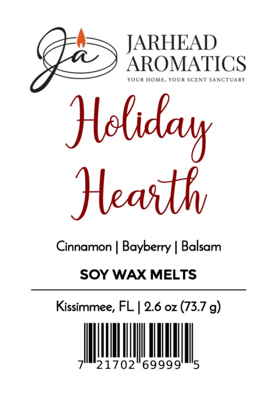 Product label for a Holiday Hearth Soy Wax Melt | Cinnamon Clove & Bayberry Holiday Scent by Jarhead Aromatics, featuring cinnamon, bayberry, and balsam scent notes, with a barcode at the bottom.
