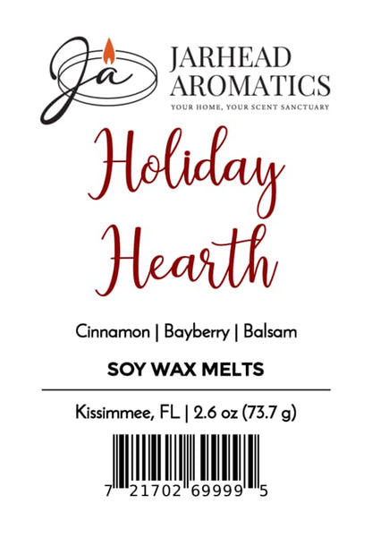 Product label for a Holiday Hearth Soy Wax Melt | Cinnamon Clove & Bayberry Holiday Scent by Jarhead Aromatics, featuring cinnamon, bayberry, and balsam scent notes, with a barcode at the bottom.