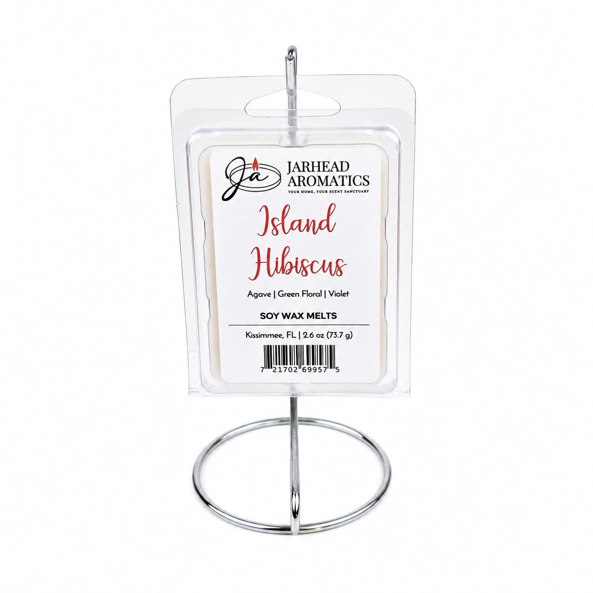 A package of Jarhead Aromatics Island Hibiscus Soy Wax Melt | Honeydew, Lime & Tropical Florals is displayed upright in a silver metal stand against a white background.