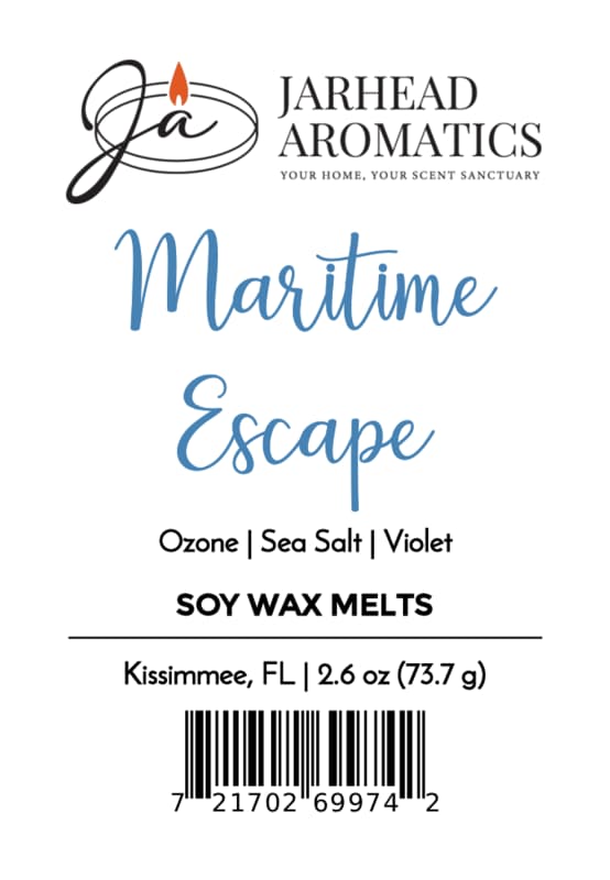 Label for Jarhead Aromatics Maritime Escape Soy Wax Melt | Sea Salt, Ozone & Jasmine; features scents of sea salt, ozone, and jasmine to evoke a fresh ocean air fragrance. Includes the Jarhead Aromatics logo, product weight, Kissimmee, FL location, and a barcode at the bottom.