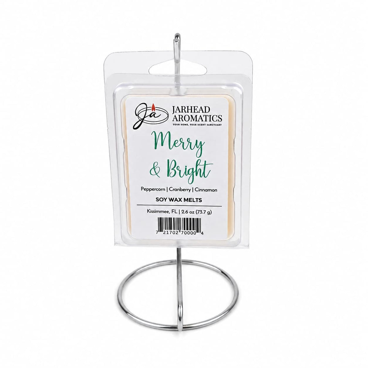 A clear plastic package of Merry & Bright Soy Wax Melt | Citrus Cranberry Christmas Holiday Scent soy wax melts hanging on a metal display stand.