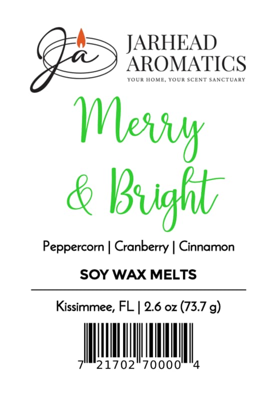 Product label for Merry & Bright Soy Wax Melt | Citrus Cranberry Christmas Holiday Scent by Jarhead Aromatics, featuring the text Peppercorn | Cranberry | Cinnamon, weight, location, and a barcode.