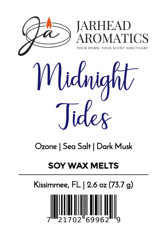 Jarhead Aromatics Midnight Tides Soy Wax Melt | Sea Salt, Sandalwood & Dark Musk An enticing home fragrance blend of sea salt, sandalwood, and dark musk. Made in Kissimmee, FL. Net weight: 2.6 oz (73.7 g) [Barcode at bottom].