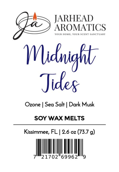 Jarhead Aromatics Midnight Tides Soy Wax Melt | Sea Salt, Sandalwood & Dark Musk An enticing home fragrance blend of sea salt, sandalwood, and dark musk. Made in Kissimmee, FL. Net weight: 2.6 oz (73.7 g) [Barcode at bottom].