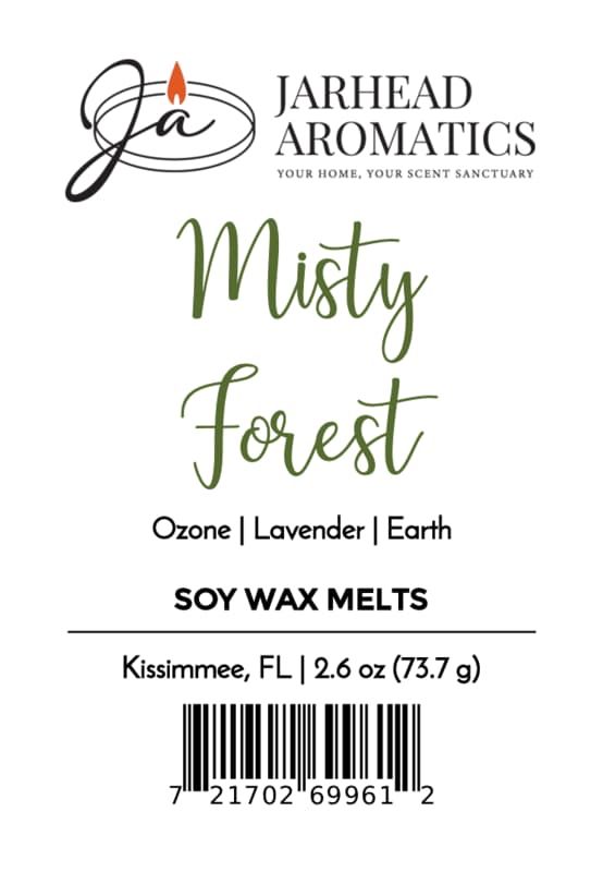 Certainly! Here’s a rewritten label description using your product data: Jarhead Aromatics Misty Forest Soy Wax Melt | Moss, Juniper & Rain-Kissed Woods Infused with the essence of moss, juniper, and rain-kissed woods, these soy wax melts envelop your space in a refreshing natural fragrance reminiscent of the forest. Net Wt: 2.6 oz (73.7 g) Location: Kissimmee, FL [Barcode].