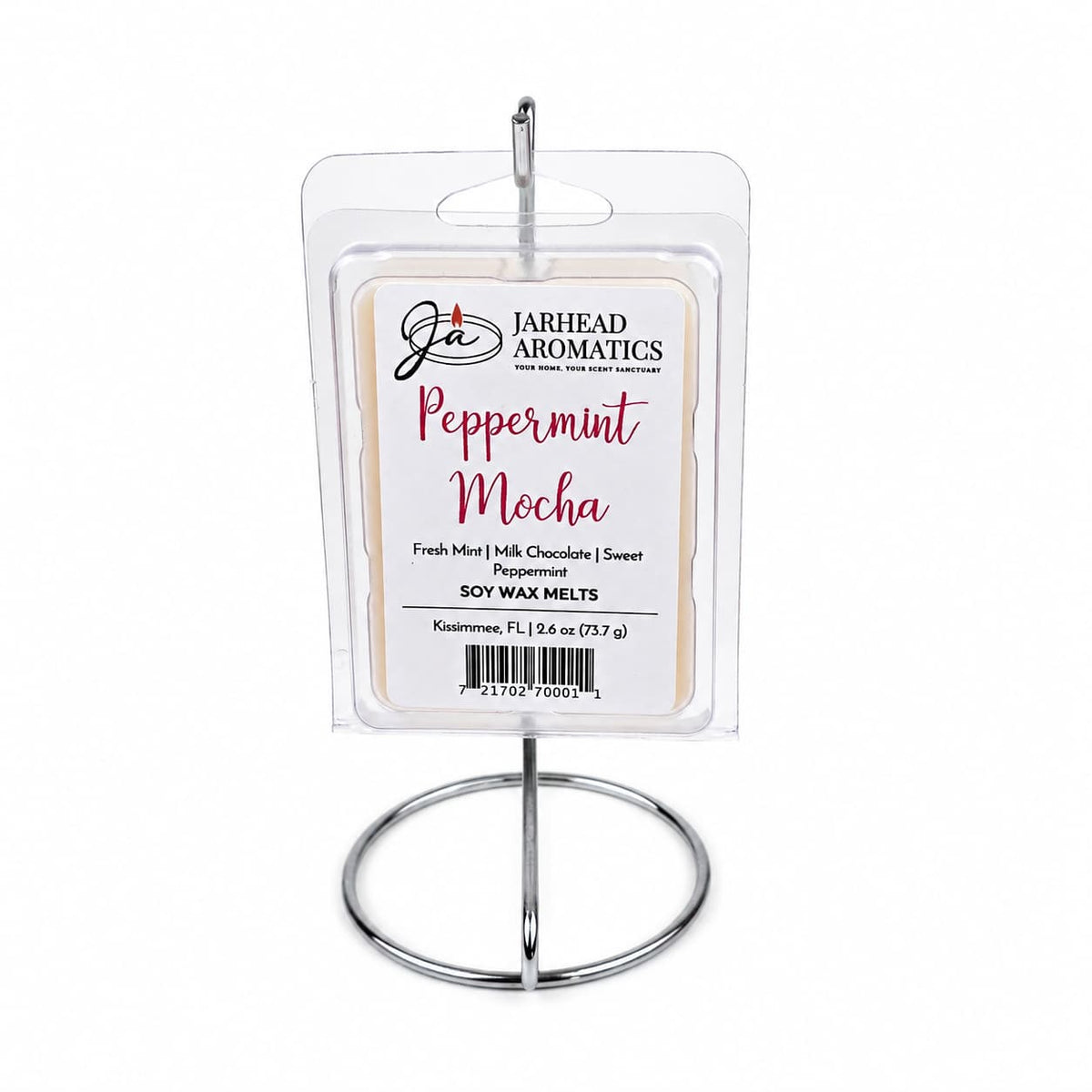A Jarhead Aromatics Peppermint Mocha Soy Wax Melt in plastic packaging hanging on a chrome display stand.