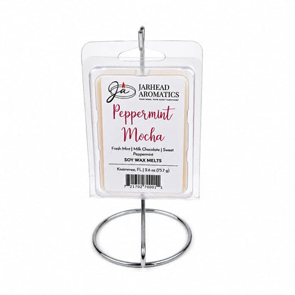 A Jarhead Aromatics Peppermint Mocha Soy Wax Melt in plastic packaging hanging on a chrome display stand.