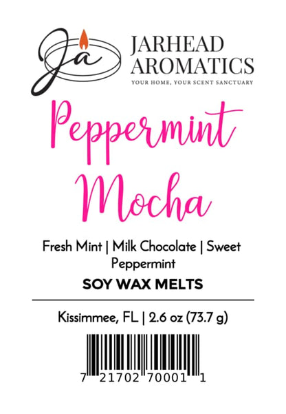 Product label for a Peppermint Mocha Soy Wax Melt by Jarhead Aromatics, displaying the brand name, scent notes of mint and chocolate, net weight, and a barcode.