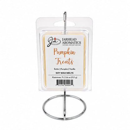 A package of Jarhead Aromatics Pumpkin Treats Soy Wax Melt—with notes of pumpkin, caramel, and maple pecan—is displayed on a simple silver metal stand against a white background.