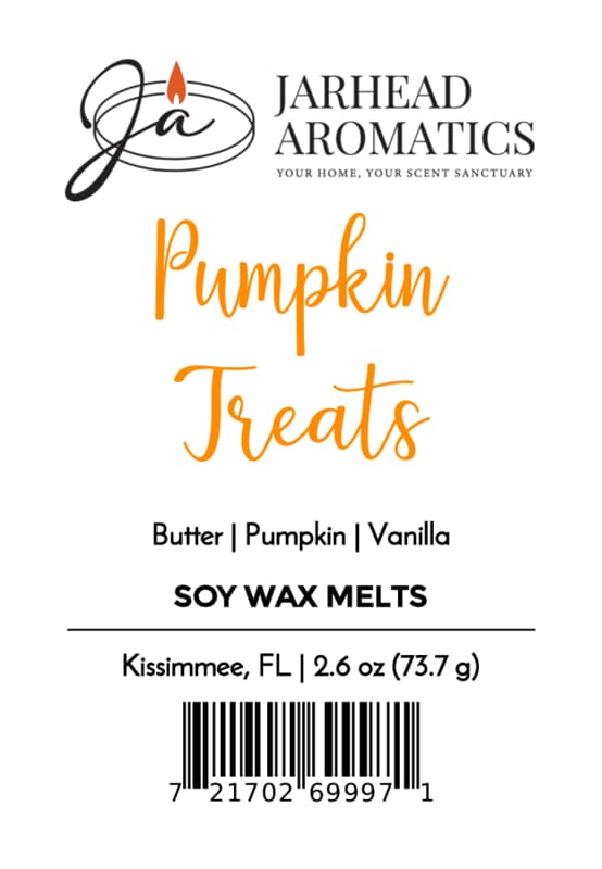 Label for Jarhead Aromatics Pumpkin Treats Soy Wax Melt | Pumpkin, Caramel & Maple Pecan, crafted with a premium soy wax blend and inspired by autumn desserts. Features the irresistible scents of buttery pumpkin, caramel, and maple pecan with creamy vanilla notes. Includes product weight, location (Kissimmee, FL), and a barcode at the bottom.