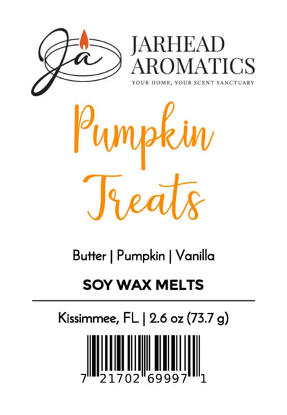 Label for Jarhead Aromatics Pumpkin Treats Soy Wax Melt | Pumpkin, Caramel & Maple Pecan, crafted with a premium soy wax blend and inspired by autumn desserts. Features the irresistible scents of buttery pumpkin, caramel, and maple pecan with creamy vanilla notes. Includes product weight, location (Kissimmee, FL), and a barcode at the bottom.
