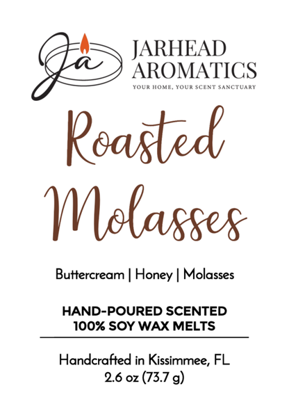 Jarhead Aromatics Roasted Molasses - Soy Wax Melt (Fall Collection), autumn scent with buttercream, honey & caramelized molasses. Handcrafted in Kissimmee, FL. 2.6 oz (73.7 g). Includes logo and product details.