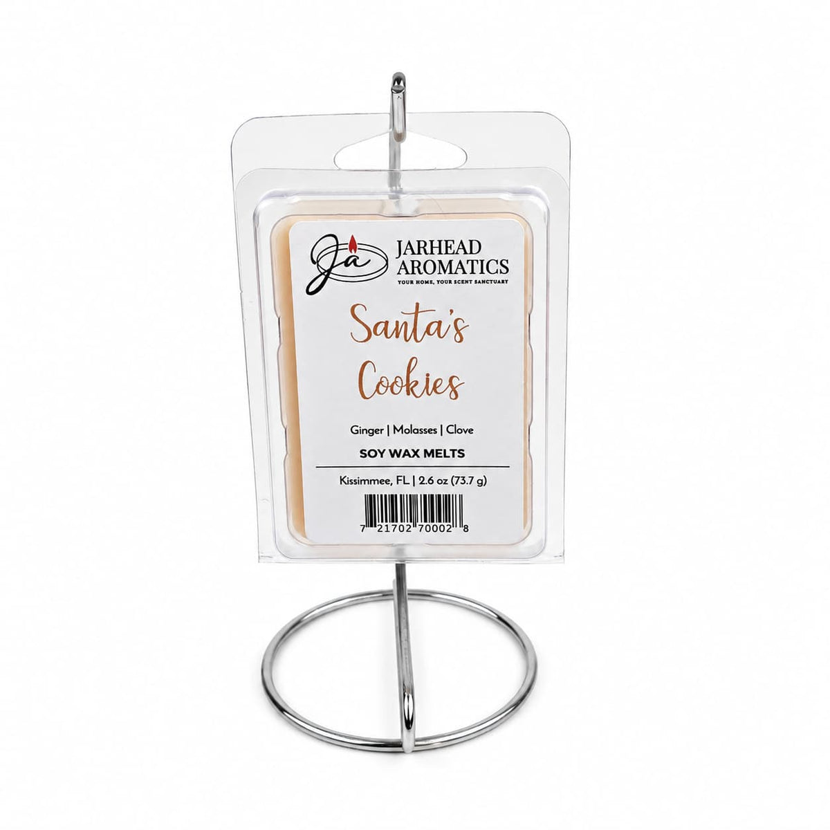 A package of Jarhead Aromatics Santa’s Cookies Soy Wax Melt | Fresh Baked Christmas Cookie Holiday Scent hanging on a metal display stand, with fragrance notes of ginger, molasses, and clove.
