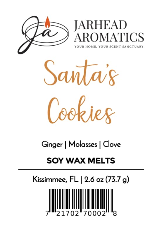 Product label for Santa’s Cookies Soy Wax Melt | Fresh Baked Christmas Cookie Holiday Scent by Jarhead Aromatics, featuring the scent notes of Ginger, Molasses, and Clove with a barcode at the bottom.