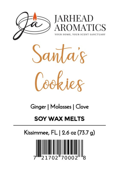 Product label for Santa’s Cookies Soy Wax Melt | Fresh Baked Christmas Cookie Holiday Scent by Jarhead Aromatics, featuring the scent notes of Ginger, Molasses, and Clove with a barcode at the bottom.