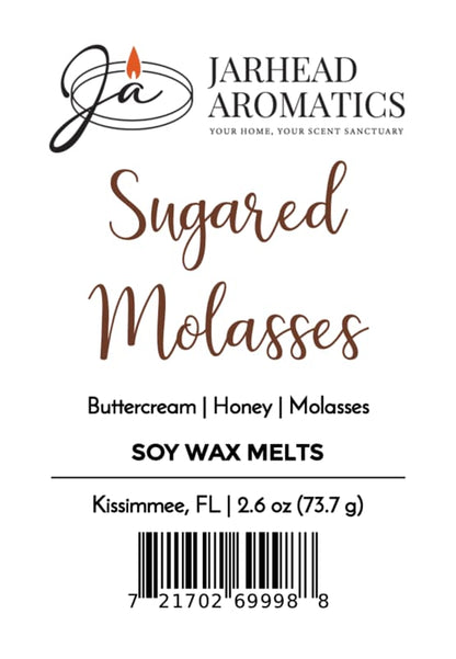 Sure! Here’s a rewritten version of your label text using the provided product data: --- [Logo at the top] Jarhead Aromatics Sugared Molasses Soy Wax Melt | Buttercream, Honey & Dark Molasses Hand-poured soy wax melts infused with rich notes of buttercream, honey, and dark molasses. Experience long-lasting fragrance in every bar. Net Wt: 2.6 oz Kissimmee, FL [Barcode] ---.