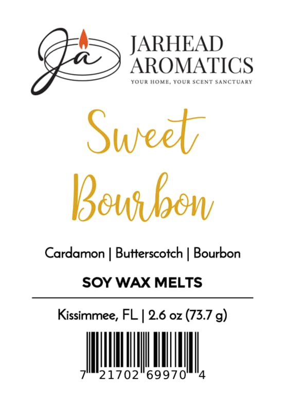 Jarhead Aromatics Sweet Bourbon Soy Wax Melt | Bourbon, Butterscotch & Brown Sugar. Indulge in a rich gourmand fragrance with notes of cardamom, butterscotch, and bourbon for a long-lasting scent experience. Includes product weight, bar code, and company logo.