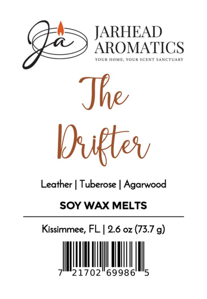 Jarhead Aromatics The Drifter Soy Wax Melt Leather, Agarwood & Tuberose — an Old West inspired blend Proudly made in Kissimmee, FL | 2.6 oz [Barcode at the bottom].