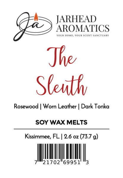 Jarhead Aromatics label for The Sleuth Soy Wax Melt | Leather, Rosewood & Sandalwood, a handcrafted home fragrance experience featuring notes of leather, rosewood, and sandalwood. Made in Kissimmee, FL. Barcode included at the bottom.