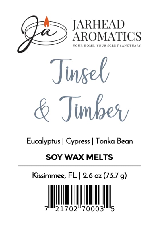 Product label for Tinsel & Timber Soy Wax Melt | Fresh Pine Christmas Tree Holiday Scent by Jarhead Aromatics, with notes of eucalyptus, cypress, and tonka bean, featuring a barcode at the bottom.