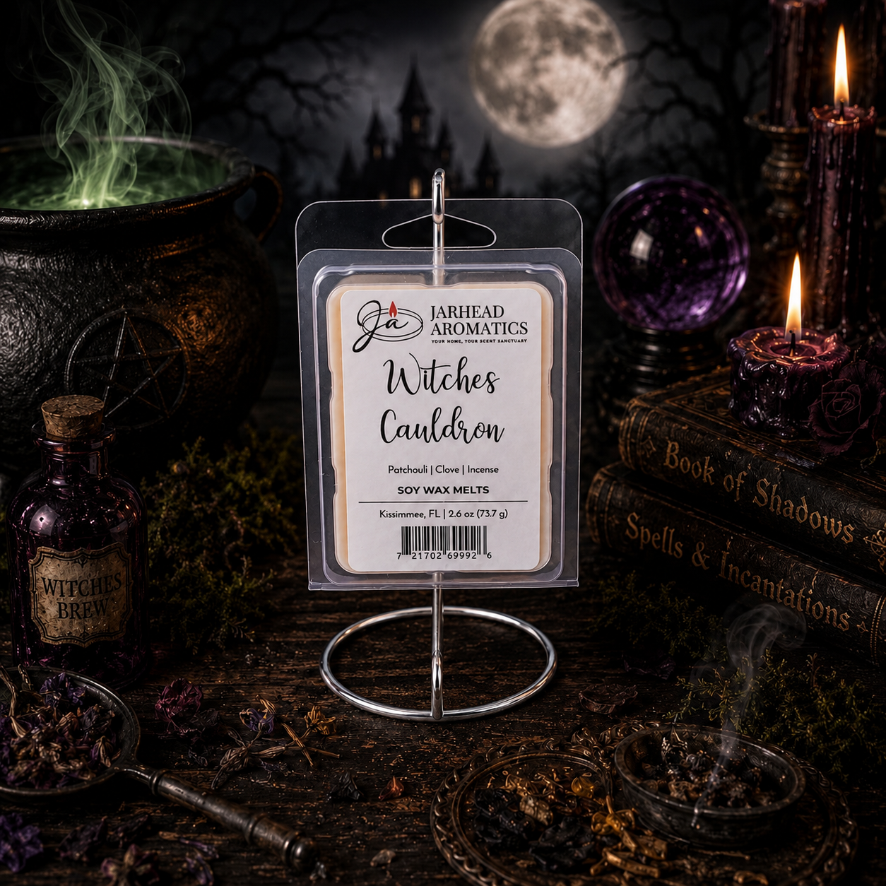 A package of Jarhead Aromatics’ Witches Cauldron Soy Wax Melt | Orange Blossom, Patchouli & Dark Incense is displayed on a stand, surrounded by witchy decor, candles, a Book of Shadows, dried herbs, and a glowing full moon in a spooky, dark setting. This highly fragrant wax melt fills the air with enchanting notes of orange blossom, patchouli, and dark incense—perfectly enhancing the mystical atmosphere.