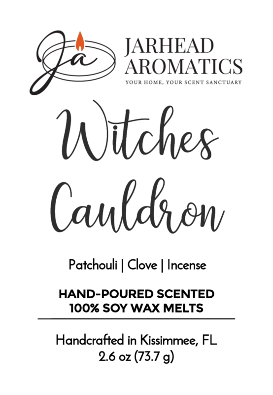 The Jarhead Aromatics Witches Cauldron Soy Wax Melt label features handwritten fonts and offers a highly fragrant blend of orange blossom, patchouli, and dark incense. Handcrafted in Kissimmee, FL, this wax melt weighs 2.6 oz.