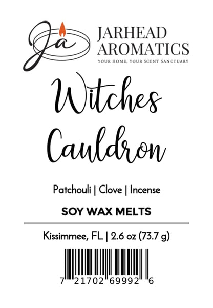 Jarhead Aromatics Witches Cauldron Soy Wax Melt label, featuring a long-lasting fragrance blend of orange blossom, patchouli, and dark incense. Includes logo, barcode, and product details such as weight (2.6 oz) and location (Kissimmee, FL).