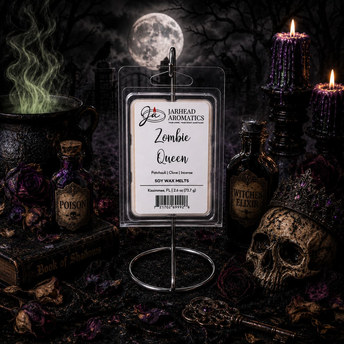 A spooky display featuring the Zombie Queen Soy Wax Melt in Black Tea, Rose Petals & Cedarwood from Jarhead Aromatics, surrounded by potion bottles, a skull, candles, dried flowers, and a full moon against a dark gothic backdrop. This haunting scene perfectly complements the mysterious allure of this richly scented floral and woody wax melt.