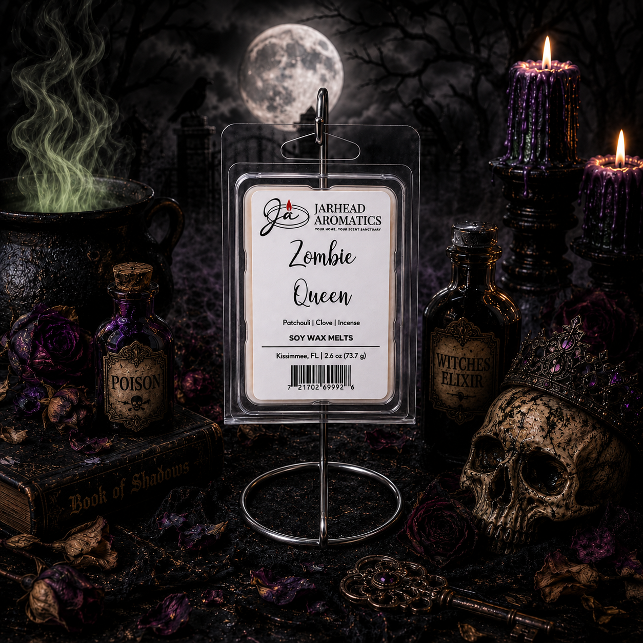 The Zombie Queen Soy Wax Melt by Jarhead Aromatics, featuring notes of black tea, rose petals, and cedarwood, is showcased amidst a skull, wilted roses, potion bottles, a crown, and gothic décor—all set against the eerie backdrop of a glowing full moon and twisted trees.