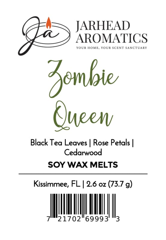 Jarhead Aromatics Zombie Queen Soy Wax Melt | Black Tea, Rose Petals & Cedarwood A dark floral soy wax melt infused with the captivating scents of black tea leaves, rose petals, and cedarwood. Net Weight: [insert weight] Made in Kissimmee, FL [Insert Barcode].