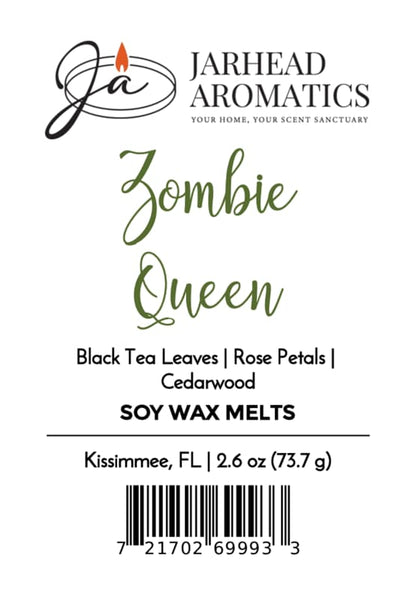 Jarhead Aromatics Zombie Queen Soy Wax Melt | Black Tea, Rose Petals & Cedarwood A dark floral soy wax melt infused with the captivating scents of black tea leaves, rose petals, and cedarwood. Net Weight: [insert weight] Made in Kissimmee, FL [Insert Barcode].